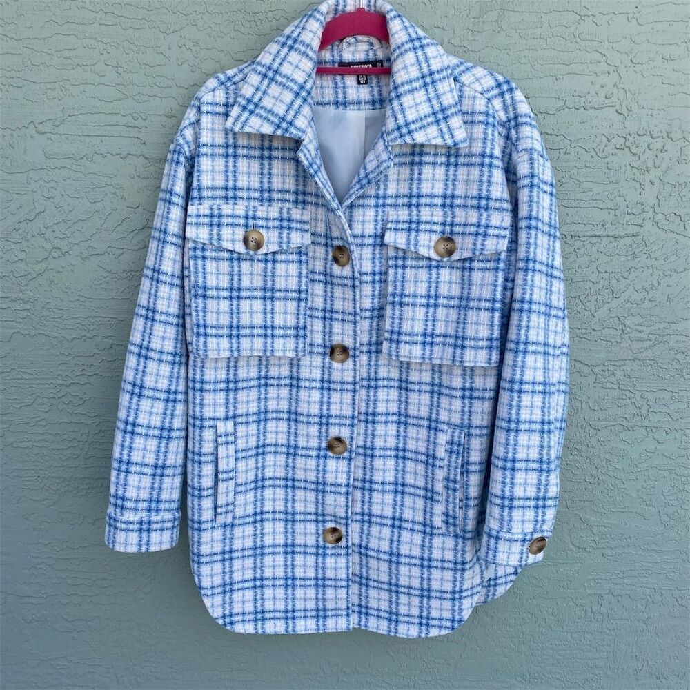 Missguided Women's Blue Plaid Tweed Button Down Shirt Jacket Size 6